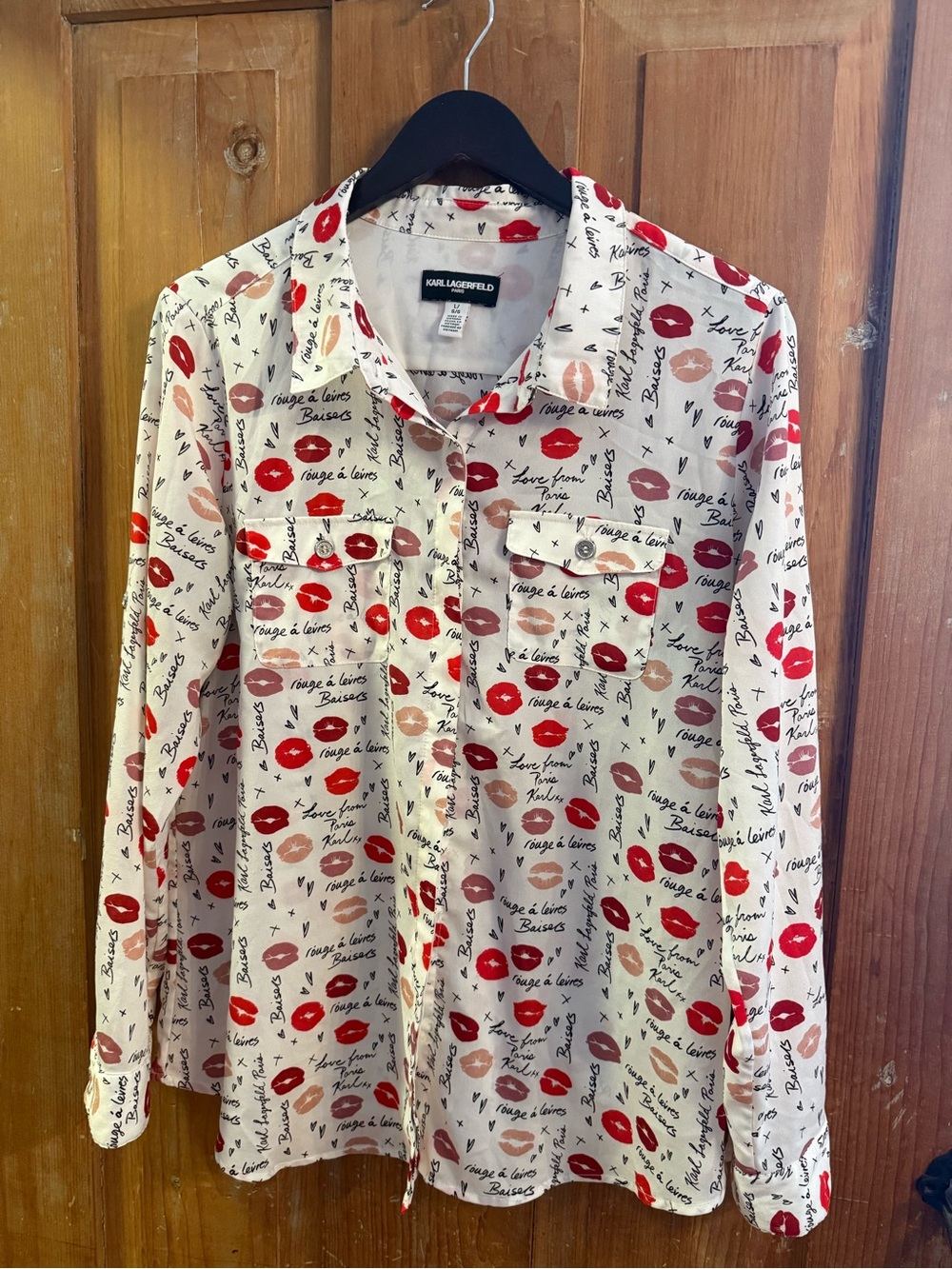 Karl Lagerfeld Cream Button-Down Shirt with Red & Pink Lip Print